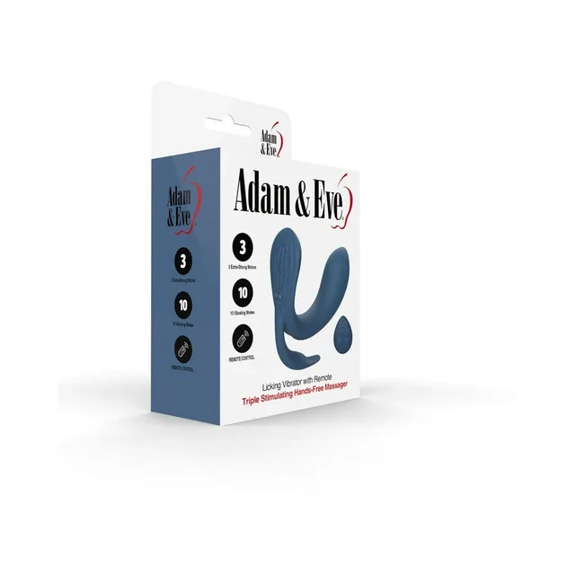 Adam & Eve blue triple stimulator with remote pictured on retail box