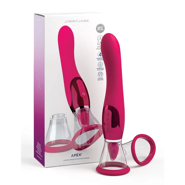 pink Jimmyjane Apex device with clear cup and sleeve attachments beside box