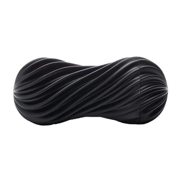 Tenga Flex Rocky Black stroker horizontal hourglass shape with raised black spiral ribs and rounded ends