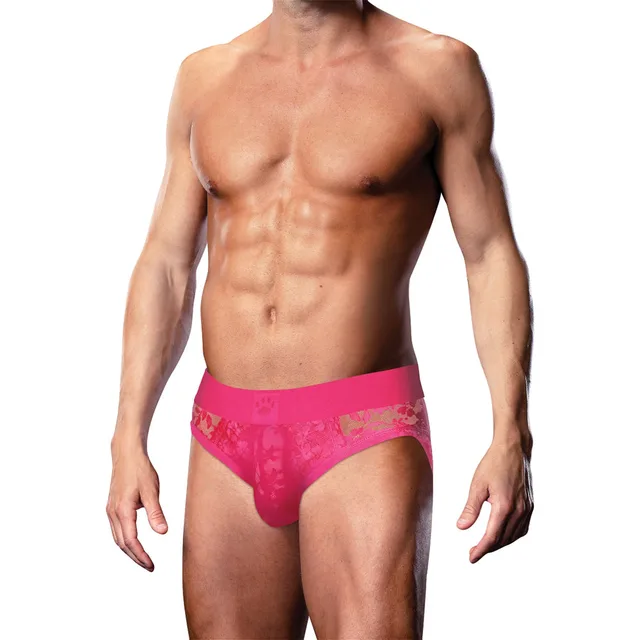 Front view of hot-pink Prowler lace brief size XL