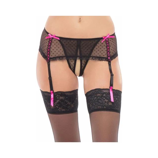 Front view of Rene Rofe Dream of Me black garter thong with pink bows