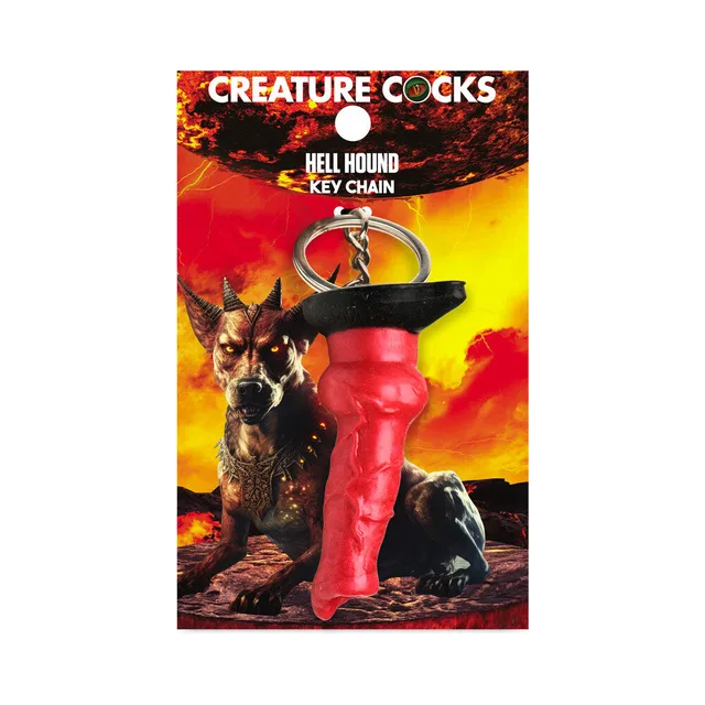 red Hell-Hound silicone keychain with black band and metal ring on card
