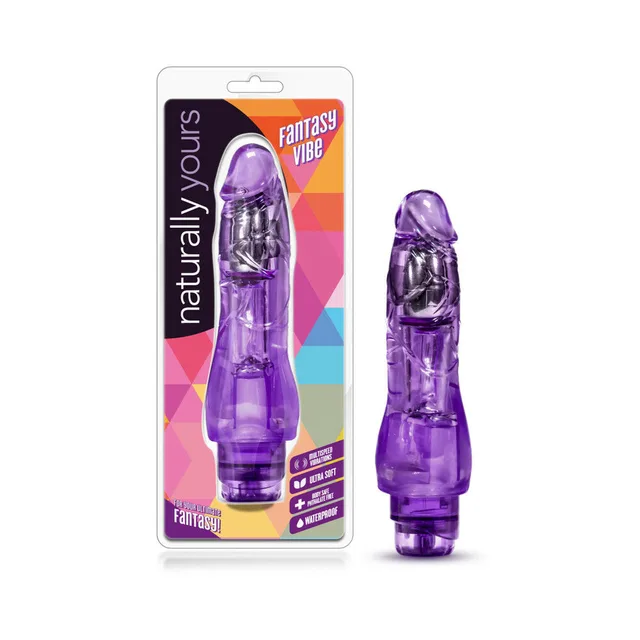 Naturally Yours Fantasy Vibe purple vibrator beside retail package