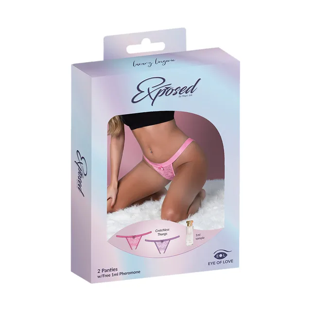 Magic Silk lilac and rose crotchless thong two-pack queen size in box
