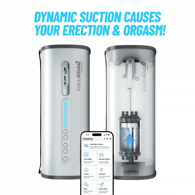 Front and rear Autoblow VacuGlide 2 units beside a phone screen