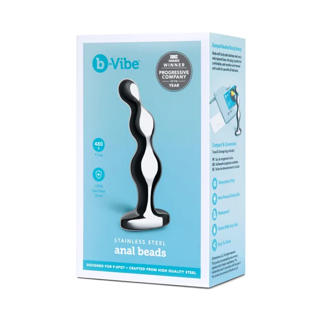 b-Vibe polished stainless steel graduated anal beads angled retail box