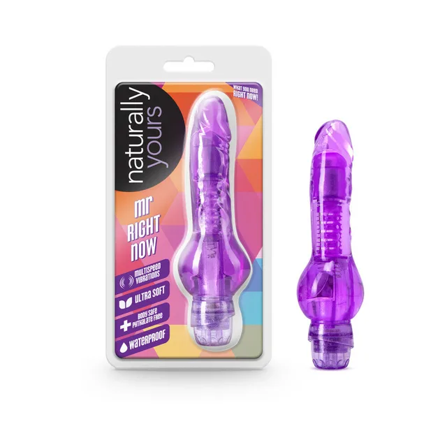 Naturally Yours Mr. Right Now purple vibrator beside retail package
