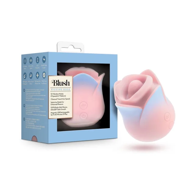 Pink Blush Kissing Rose petal vibrator beside blue retail box
