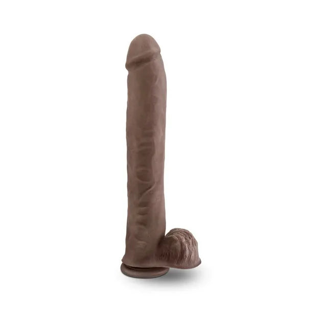 Blush Au Naturel Daddy dark-brown dildo upright front view with long textured shaft and attached balls