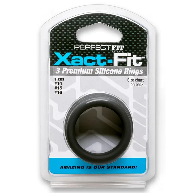 Perfect Fit Xact-Fit Rings 14 15 16 three nested black rings in turquoise retail package