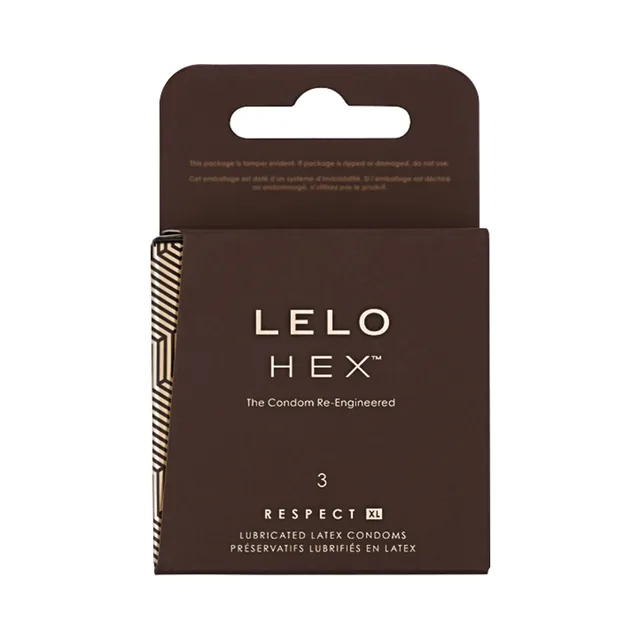 Front view of brown LELO HEX Respect XL three-count carton