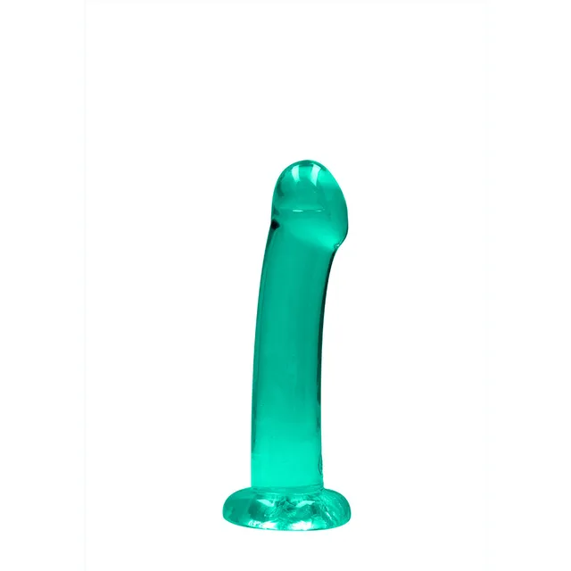 Upright translucent turquoise dildo with curved shaft