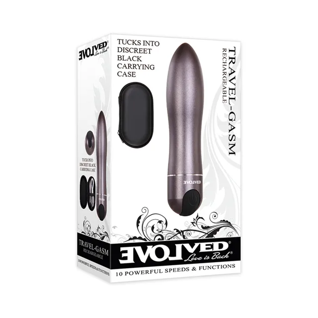 Evolved Travel-Gasm gunmetal bullet vibrator in white retail box