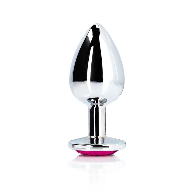 Shots Ouch small silver metal butt plug with pink heart gem upright tapered plug
