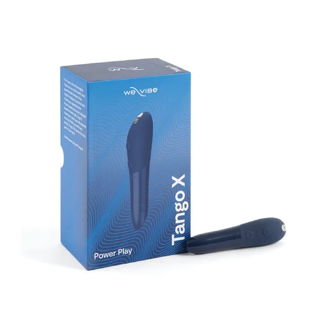 Midnight Blue We-Vibe Tango X bullet beside blue retail box