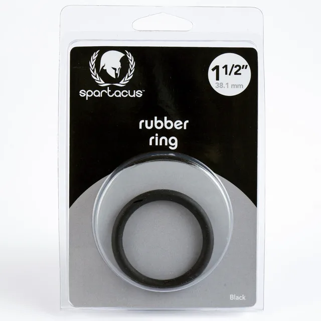 Black 1.5-inch Spartacus rubber cock ring in clear black-backed retail packaging