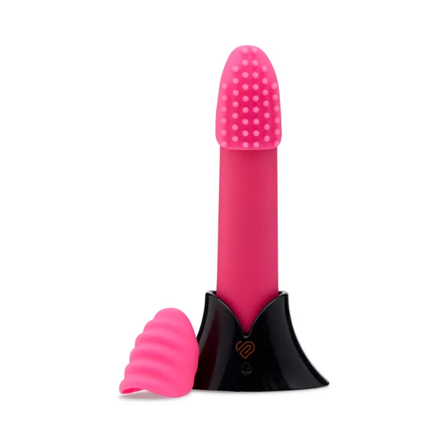 pink Point Plus vibrator in black base with nubby and ridged sleeves beside it