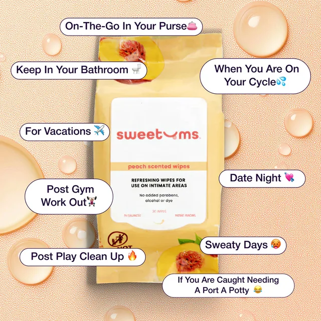 Sweetums Peach Scent unflavored wipes package centered in peach-toned lifestyle callout graphic