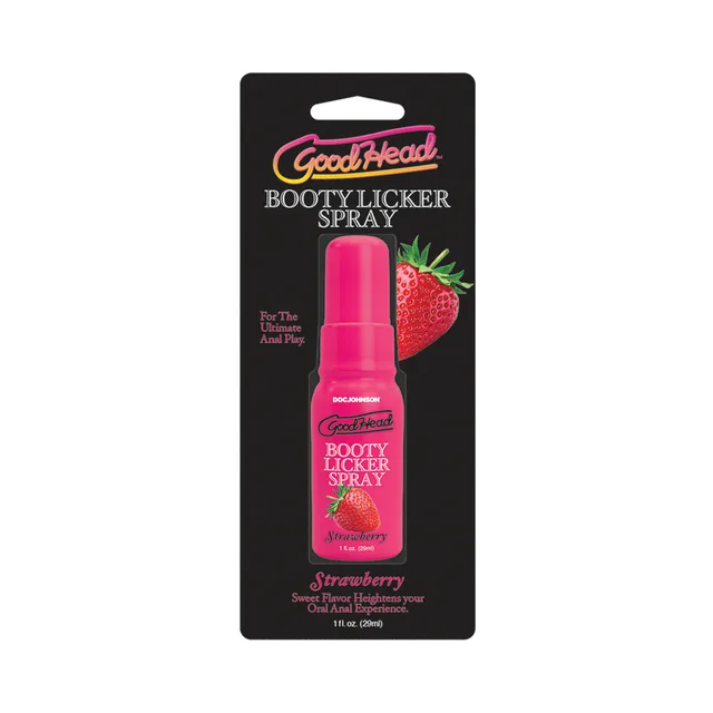 GoodHead Strawberry Booty Licker Spray 1 oz pink pump bottle on black strawberry card