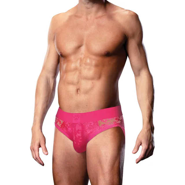 Front view of hot-pink Prowler lace brief size XL