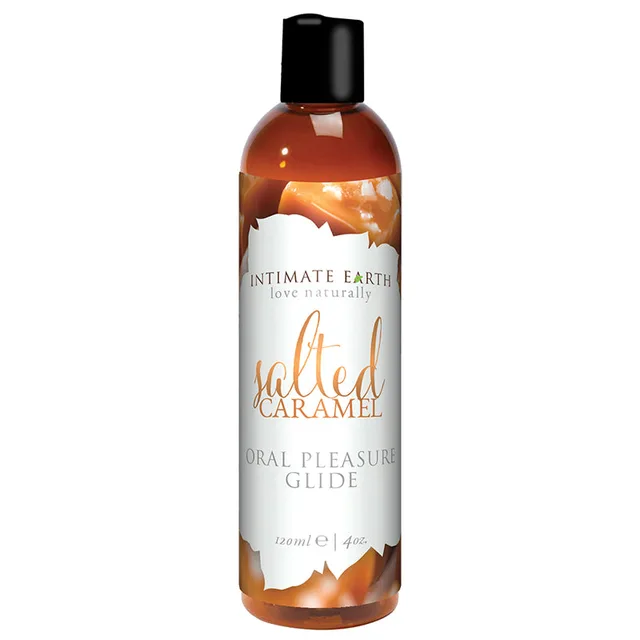 Intimate Earth Sea Salt Caramel Glide tall amber bottle with caramel white label and black cap
