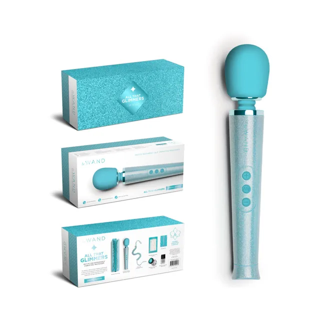 Light blue All That Glimmers Petite massager with three boxes