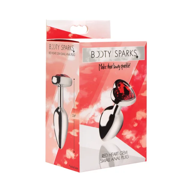 small silver Booty Sparks anal plug with red heart gem base on red box