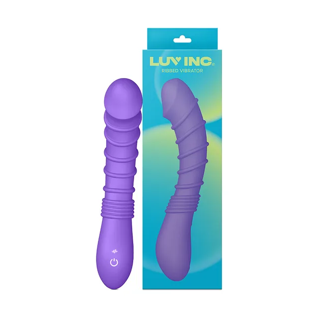 Purple Luv Inc RV21 curved ribbed vibrator displayed beside teal package