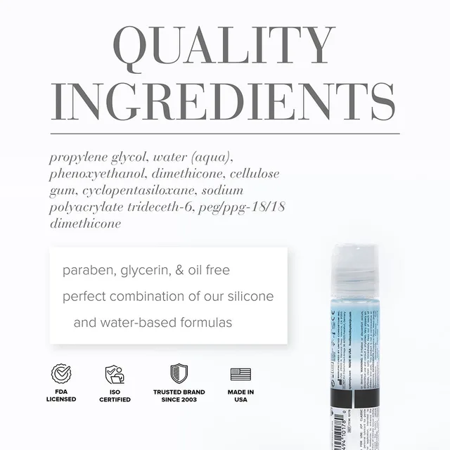 One-ounce JO Classic Hybrid ingredient graphic with rear bottle view