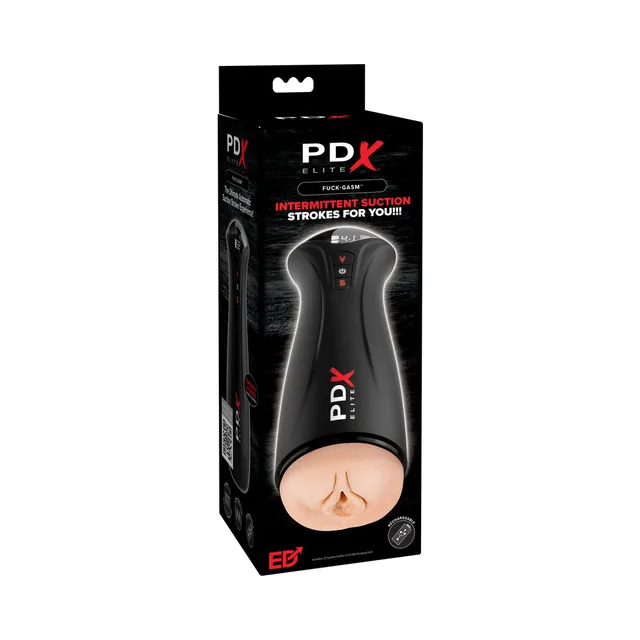 Black PDX Elite Fuck-Gasm stroker with light-beige opening in black box