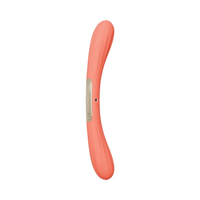 LELO BOOMERANG coral red dual-ended vibrator front view showing the gold control panel