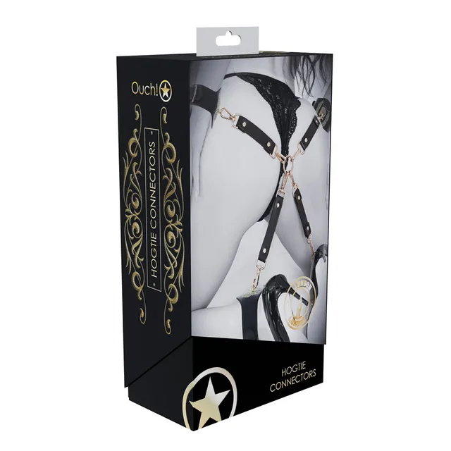 black London four-way hogtie connectors with gold hardware on box