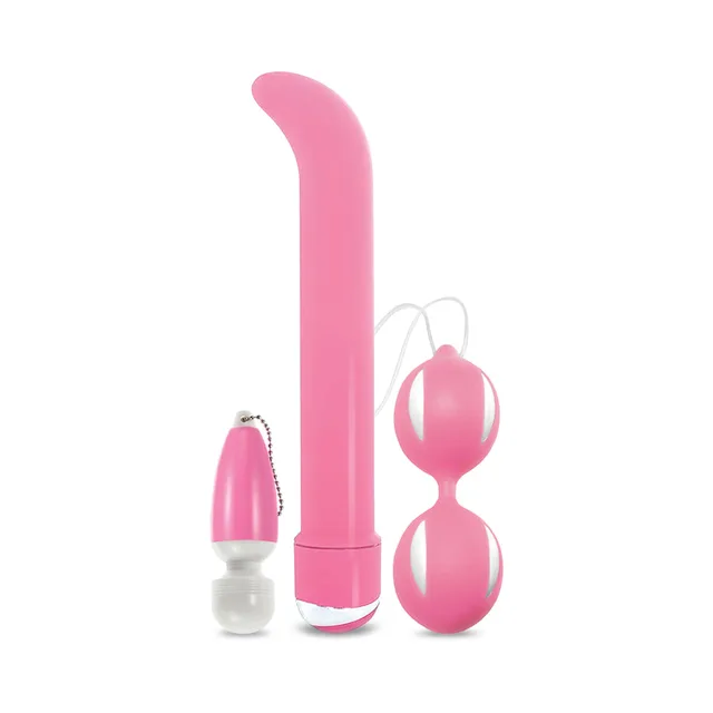 Pink curved vibrator, keychain bullet and two-tone exercise balls