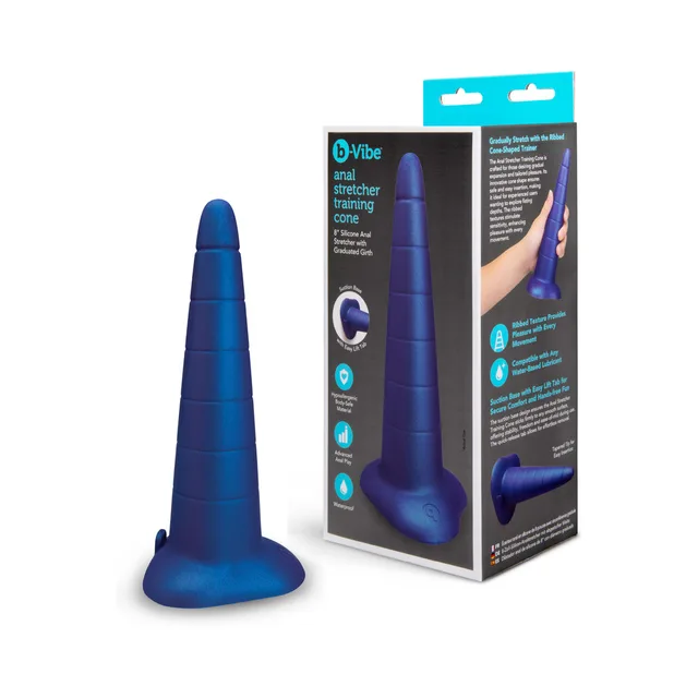 Blue b-Vibe Anal Stretcher training cone beside retail box