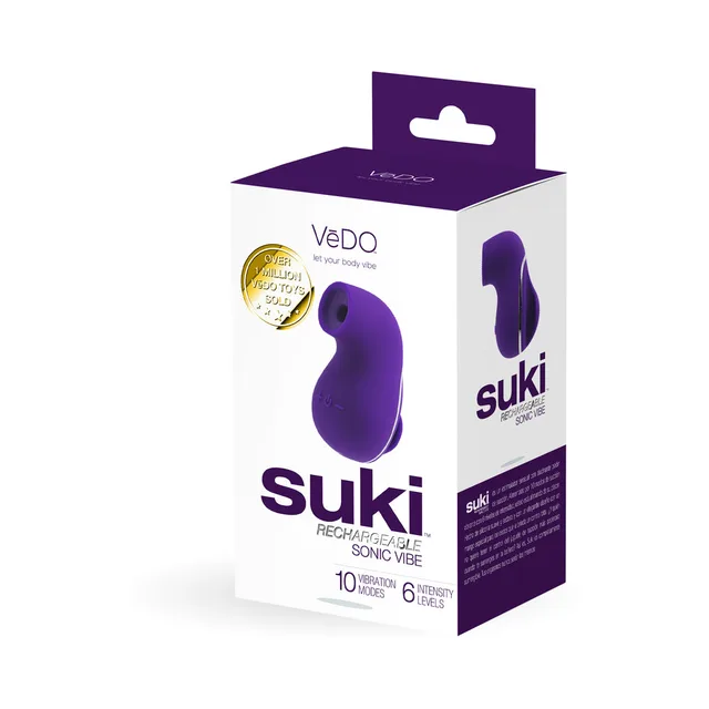 VeDO Suki deep purple suction vibrator pictured on retail box
