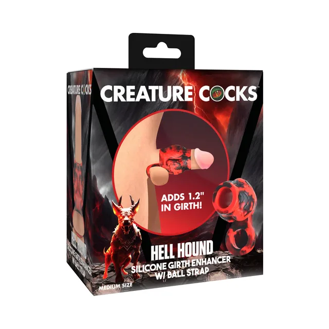 Creature Cocks Hell Hound medium red girth enhancer box with 1.2-inch girth callout and canine artwork