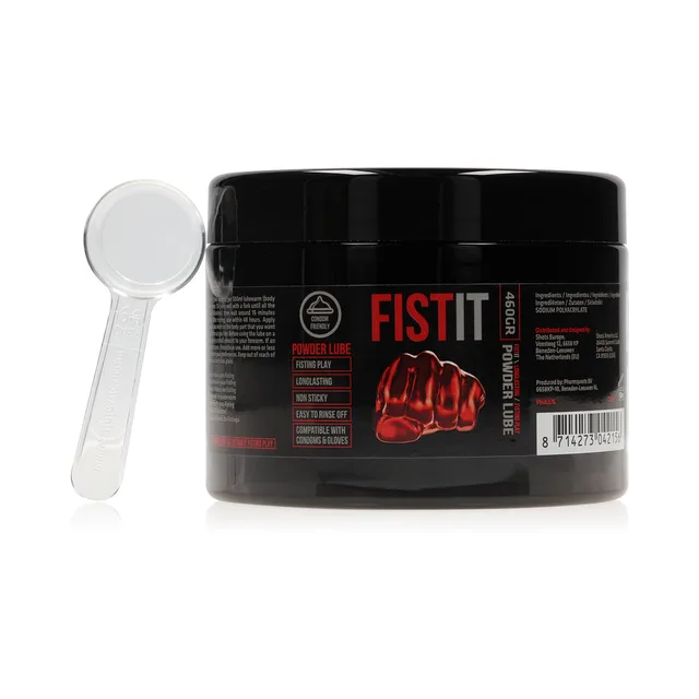Fist It 460 g black jar beside clear plastic measuring scoop