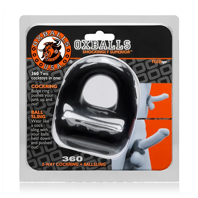 OxBalls 360 Black Ring and Ball Sling inside orange black hanging package