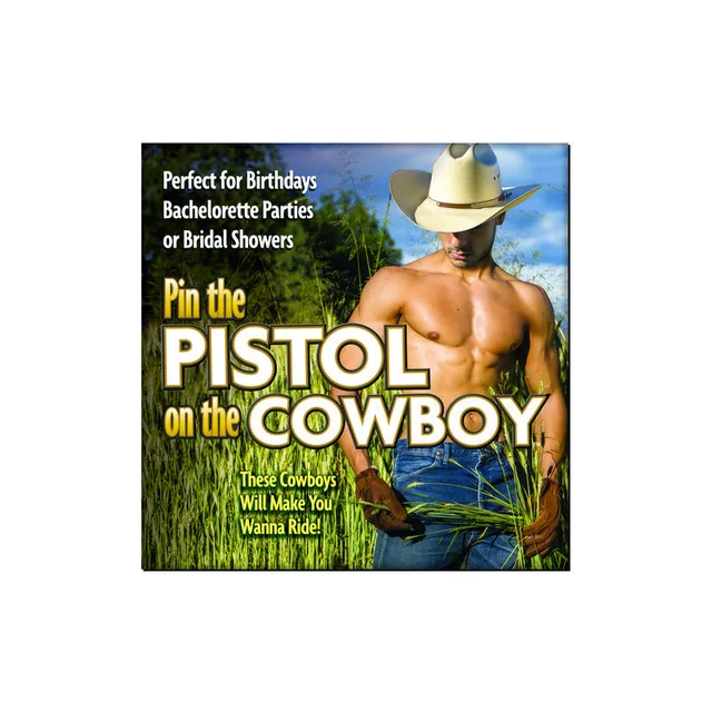 Pin the Pistol on the Cowboy Party Game square package with outdoor cowboy illustration