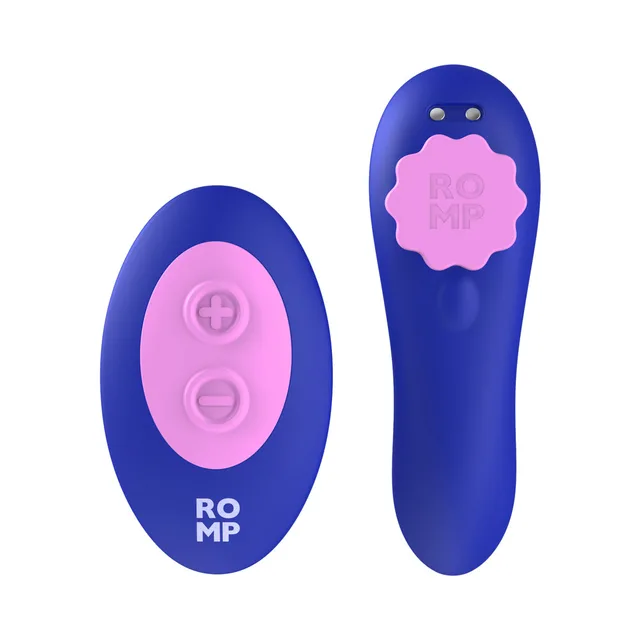 front view of ROMP Party vibrator and purple remote with pink controls