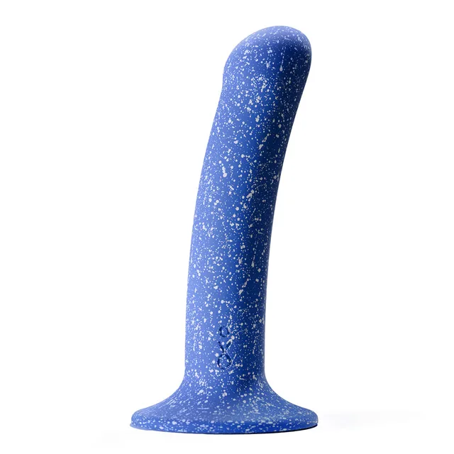blue Biird Bae dildo with white flecks curved shaft and suction cup base