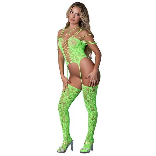 Model wearing neon lime Magic Silk cutout bodystocking with thigh-high legs
