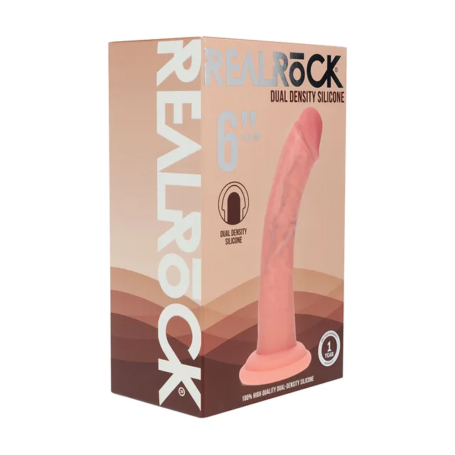 Shots Realrock 6-inch beige curved dual-density dildo displayed in its brown retail box