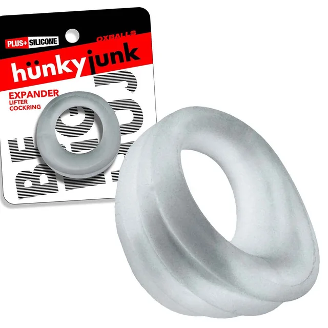 Oxballs Hunkyjunk Expander Clear Steam cock ring retail package beside the translucent scoop-shaped ring