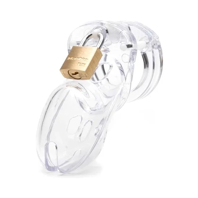 CB-3000 Clear Chastity Cage front view with brass padlock