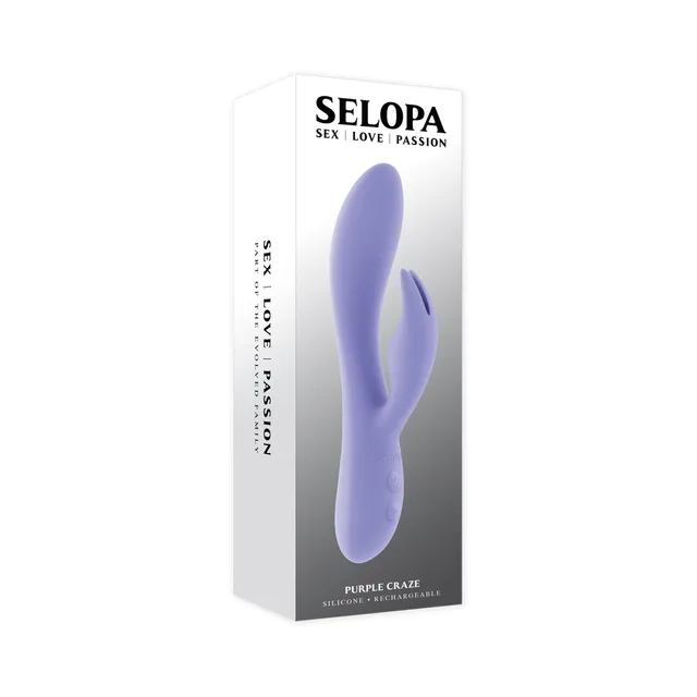 Selopa Purple Craze lavender ear-shaped dual vibrator displayed in the tall white Selopa retail box