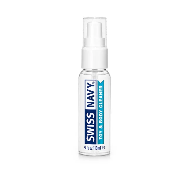 clear 4 oz Swiss Navy Toy and Body Cleaner bottle with white spray pump