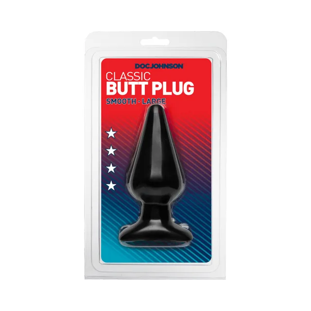 Doc Johnson Classic large black butt plug in red and blue blister package