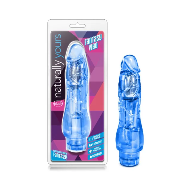 Blue Fantasy Vibe vibrator displayed beside Naturally Yours retail card