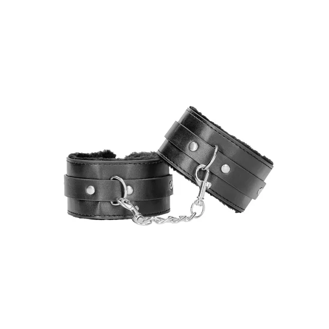 Pair of black plush ankle cuffs linked by short chain